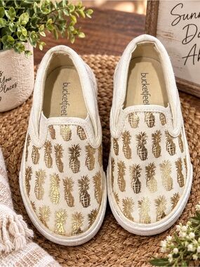 BucketFeet Kids Gold Pineapple Slip On Canvas Shoes Tropical Sneakers Size 7
